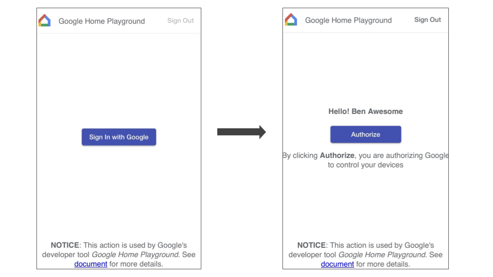 This figure shows the Google Home app account linking flow for
connecting Google Home Playground.