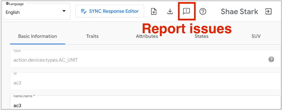 This figure shows the icons for providing feedback and reporting
issues in Google Home Playground.