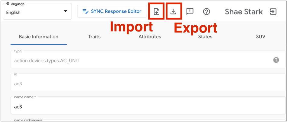 This figure shows the UX tool for importing and exporting virtual
devices in Google Home Playground.