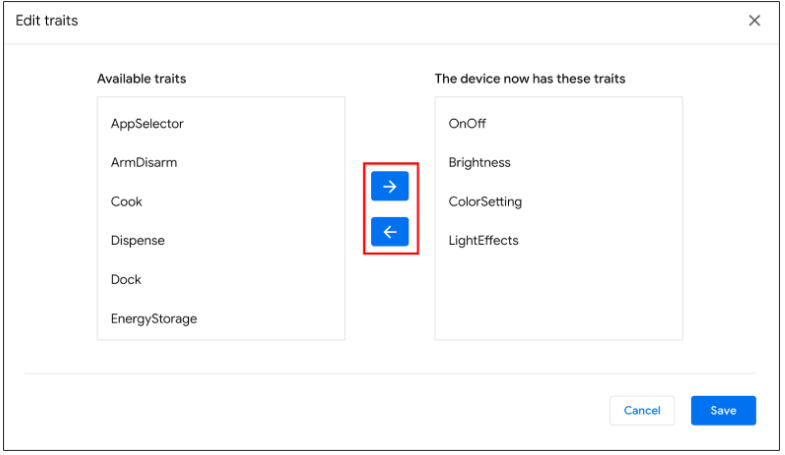 This figure shows the UX tool for adding or deleting supported
traits on a selected device in the Google Home Playground.
