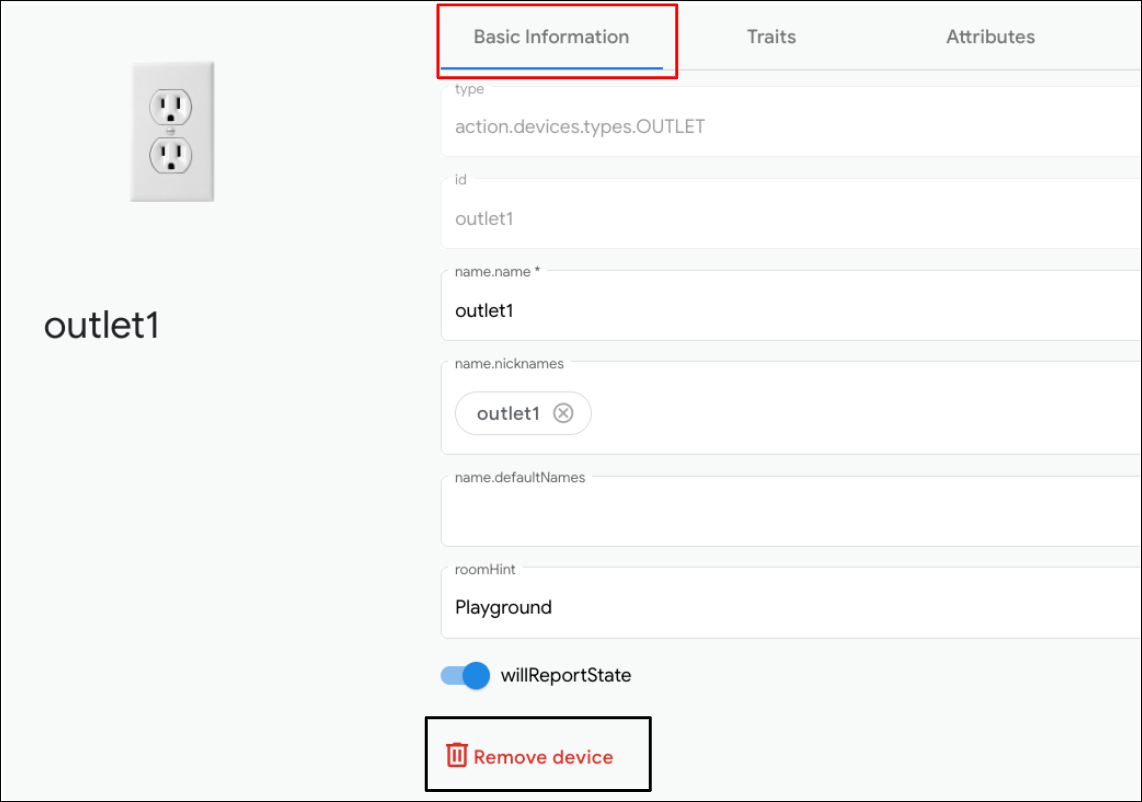This figure shows the UX tool for removing a virtual device type in
Google Home Playground.