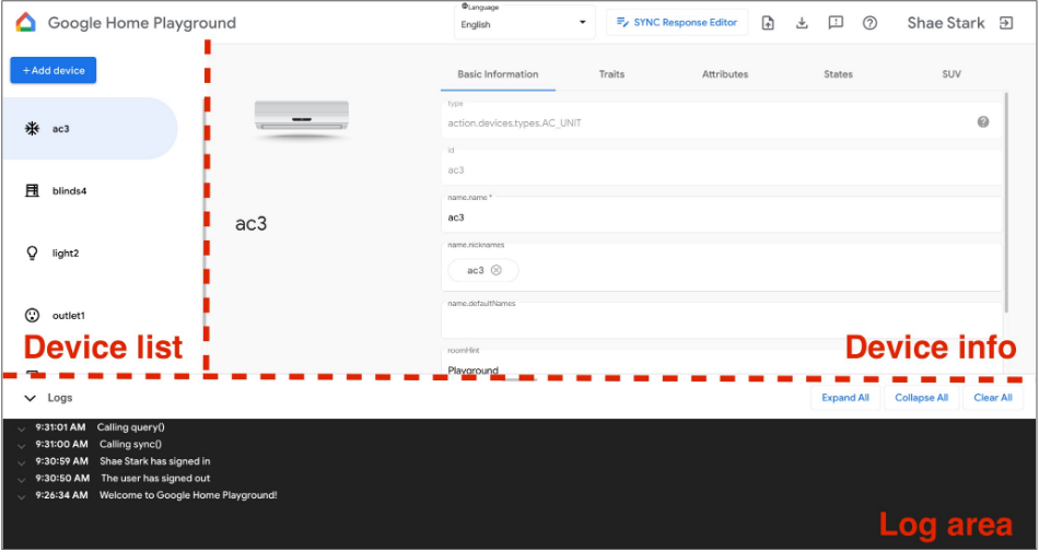This figure shows the device list, device info, and log area of the
default view of Google Home Playground.