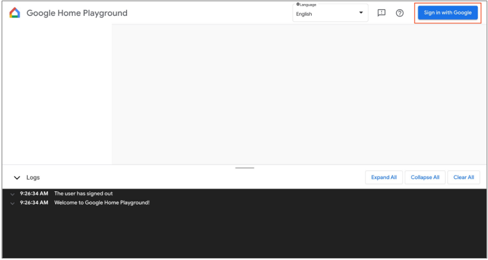 This figure shows the initial state of the Google Home Playground,
and highlights the sign-in button in the upper right-hand corner.